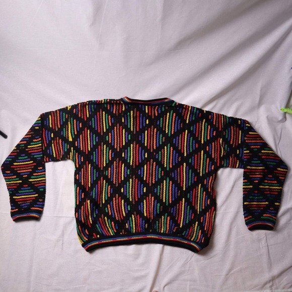 Vintage Tundra Coogi-Style 3D Knit Sweater Colorful Canada Black Geometric - Picture 2 of 5
